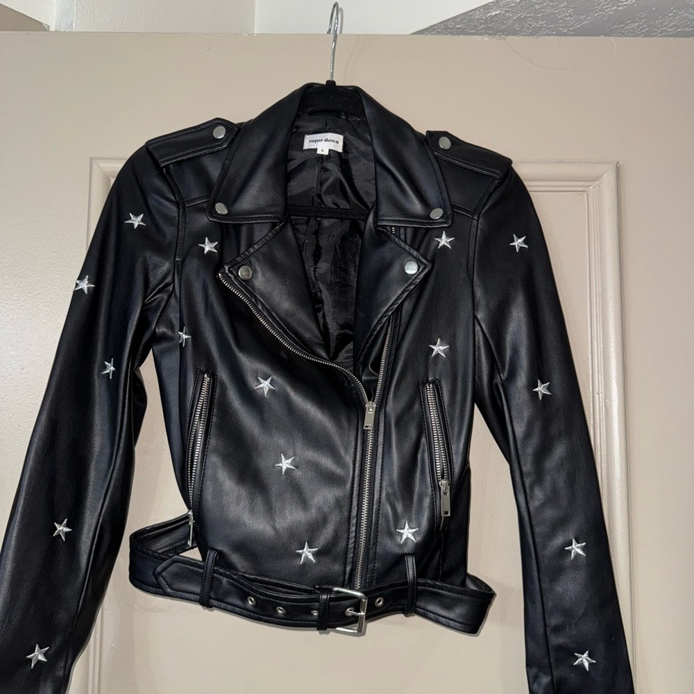 Superdown Black Leather Jacket with Star Accents
